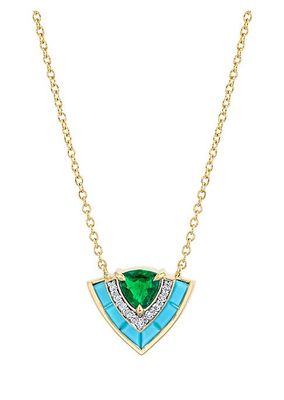Tiered Two-Tone 18K Gold, .05 TCW Diamond, Emerald & Turquoise Pendant Necklace