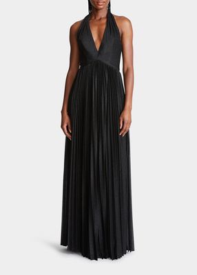 Tiffany Pleated Shimmer Halter Gown