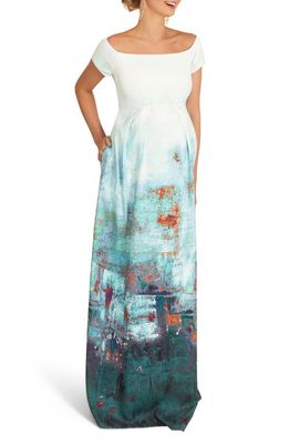 Tiffany Rose Aria Off the Shoulder Metallic Maternity Gown in Green
