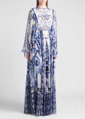 Tile-Print Silk Chiffon Maxi Dress