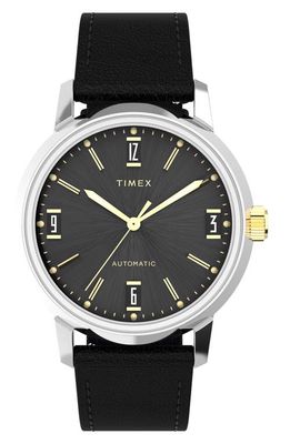 Timex® Marlin Automatic Leather Strap Watch, 40mm in Black 