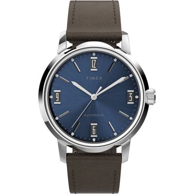 Timex® Marlin Automatic Leather Strap Watch, 40mm in Silver/Blue/Brown 