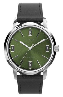 Timex® Marlin Automatic Leather Strap Watch, 40mm in Silver/Green/Black 