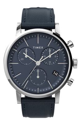 Timex® Midtown Chronograph Leather Strap Watch, 40mm in Silver/Blue/Blue 