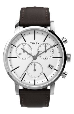 Timex® Midtown Chronograph Leather Strap Watch, 40mm in Silver/White/Black 