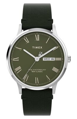 Timex® Waterbury Leather Strap Watch, 40mm in Green 