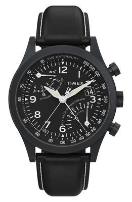 Timex® Waterbury Traditional Fly Back Chronograph Leather Strap Watch, 43mm in Black 