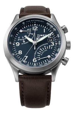 Timex® Waterbury Traditional Fly Back Chronograph Leather Strap Watch, 43mm in Brown 