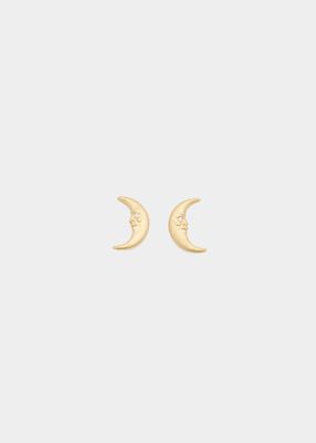 Tiny Crescent Moonface Stud Earrings in 18k Gold with Diamonds