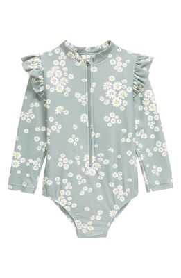 TINY TRIBE Floral Frill Long Sleeve Zip Swimsuit in Sage