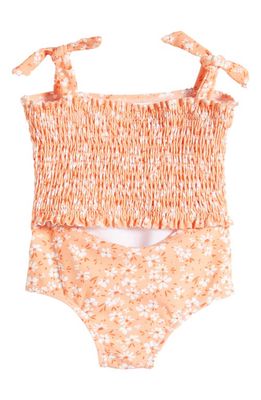 TINY TRIBE Floral Print Smocked Two-Piece Swimsuit in Peach
