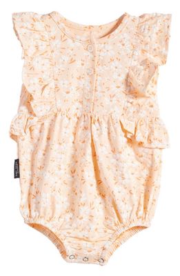 TINY TRIBE Floral Stretch Cotton Ruffled Bubble Romper in Peach