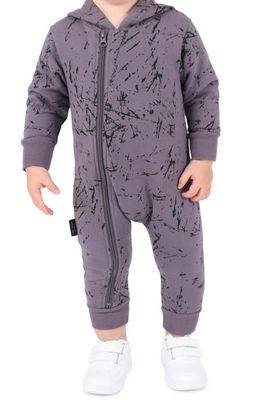 TINY TRIBE Grunge Print Cotton Hooded Romper in Smoke