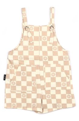 TINY TRIBE Kids' Daisy Check Cotton Knit Overalls in Tan