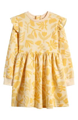 TINY TRIBE Kids' Floral Long Sleeve Ruffle Shoulder Cotton Dress in Butter