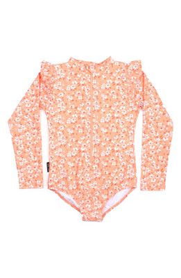 TINY TRIBE Kids' Floral Ruffle Long Sleeve One-Piece Rashguard Swimsuit in Peach