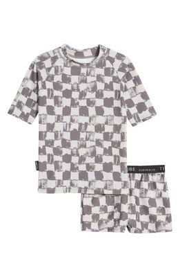 TINY TRIBE Kids' Grunge Check Two-Piece Rashguard Swimsuit in Grey