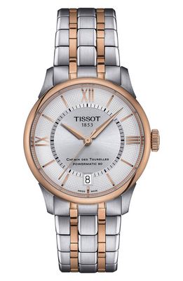 Tissot Chemin des Tourelles Powermatic 80 Bracelet Watch, 34mm in Silver/Rose Gold 