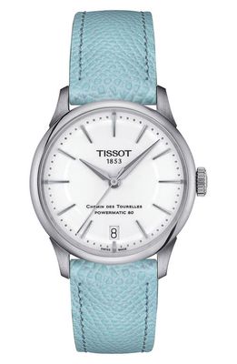 Tissot Chemin des Tourelles Powermatic 80 Leather Strap Watch, 34mm in Blue 