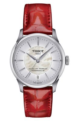 Tissot Chemin des Tourelles Powermatic 80 Leather Strap Watch, 34mm in Red 