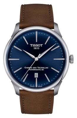 Tissot Chemin des Tourelles Powermatic 80 Leather Strap Watch, 42mm in Brown 