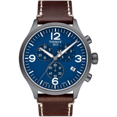 Tissot Chrono XL Leather Strap Chronograph Watch, 45mm in Brown/Blue/Black 