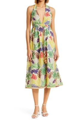 Toccin Floral Embroidery Halter Neck Cotton Dress in Multi