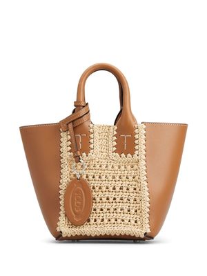 Tod's mini raffia-panel leather tote bag - Brown