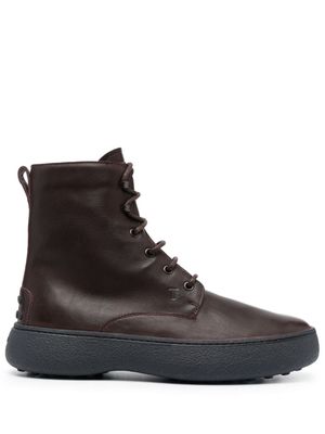 Tod's round-toe lace-up leather boots - Red
