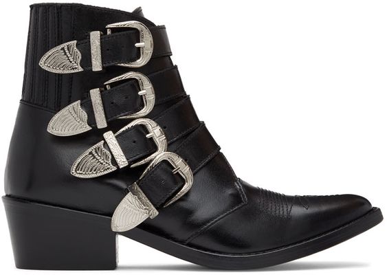 Toga Pulla Black Leather Four Buckle Western Boots