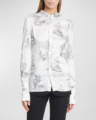 Toile De Jouy Print Hooded Button-Up Shirt