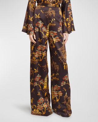Toile-Print Silk Wide-Leg Pants