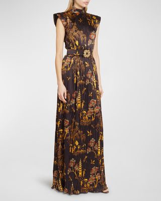 Toile-Print Strong-Shoulder Belted Plisse Silk Gown