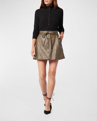 Tolain Belted Button-Down Leather Mini Skirt