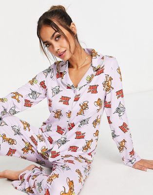 Tom & Jerry all over print button through pajama set in lilac-Purple