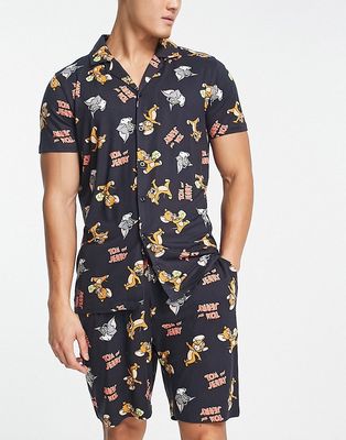 Tom And Jerry pajama shirt and short set in black-Navy