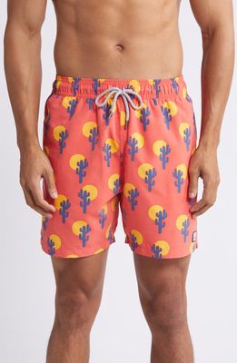 Tom & Teddy Cactus Print Performance Swim Trunks in Deep Rose 