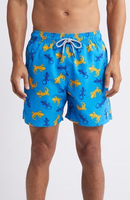 Tom & Teddy Gecko Print Performance Swim Trunks in Blue/Orange