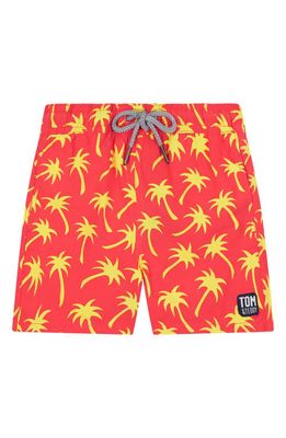 Tom & Teddy Kids' Palm Print Swim Trunks in Coral/Lime