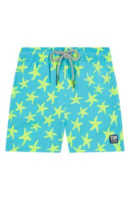 Tom & Teddy Kids' Starfish Print Swim Trunks in Sky & Yellow