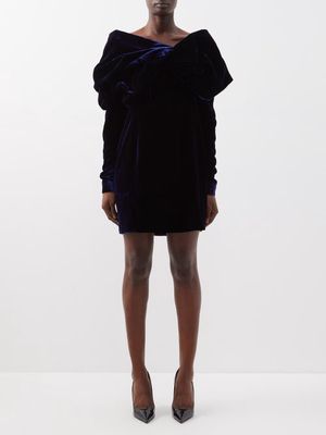 Tom Ford - Asymmetric Draped Velvet Mini Dress - Womens - Navy