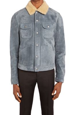 TOM FORD Calfskin Suede Trucker Jacket with Genuine Shearling Trim in Grey