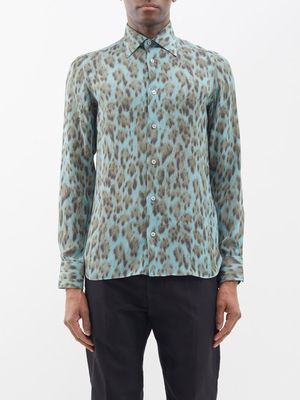 Tom Ford - Cheetah-print Silk Crepe-de-chine Shirt - Mens - Blue Multi