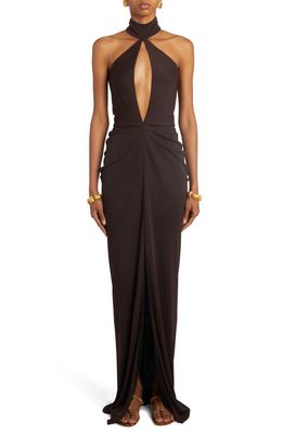 TOM FORD Cutout Sable Jersey Gown with Train in Dark Brown