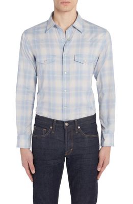 TOM FORD Dégradé Plaid Brushed Cotton Snap-Up Western Shirt in Combo Light Blue White