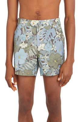 TOM FORD Dusty Hibiscus Print Cotton Swim Trunks in Combo Mil Blue