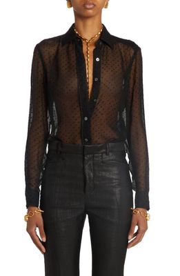 TOM FORD Flocked Polka Dot Sheer Silk Chiffon Button-Up Shirt in Black