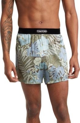 TOM FORD Floral Print Stretch Silk Boxers in Blue /Green