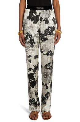 TOM FORD Floral Stretch Silk Satin Pajama Pants in Ecru/Black