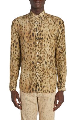 TOM FORD Fluid Fit Distressed Leopard Print Silk Button-Up Shirt in Distressed Leopard Light